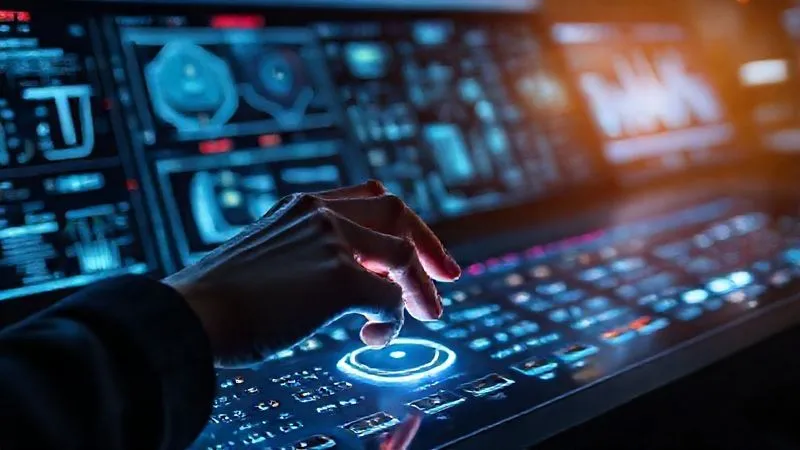A photorealistic, professional photography, 8K, cinematic lighting, sharp focus, depth of field, shot on a high-end DSLR image of a sleek, futuristic control panel with glowing holographic displays showing automated workflows and data streams, representing efficient cybersecurity operations. A single, focused hand is poised over a touch screen, symbolizing human oversight over automated processes.