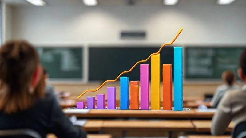 photorealistic, professional photography, 8K, cinematic lighting, sharp focus, depth of field, shot on a high-end DSLR. A dynamic, vibrant 3D bar chart showing a clear upward trend in student performance metrics (e.g., test scores, engagement rates) over time, with different colored bars representing different student groups or subjects. The chart is clean, modern, and visually compelling, presented on a digital screen with a blurred classroom background. photorealistic, professional photography, 8K, cinematic lighting, sharp focus, depth of field, shot on a high-end DSLR. A dynamic, vibrant 3D bar chart showing a clear upward trend in student performance metrics (e.g., test scores, engagement rates) over time, with different colored bars representing different student groups or subjects. The chart is clean, modern, and visually compelling, presented on a digital screen with a blurred classroom background.