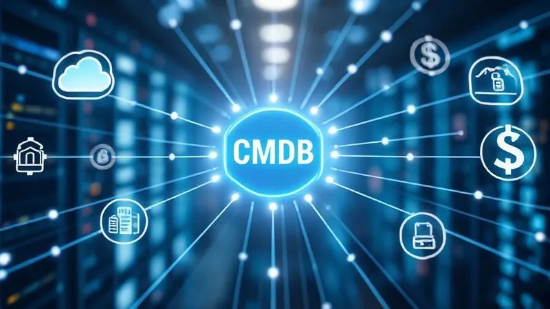 Photorealistic, professional photography, 8K, cinematic lighting, sharp focus, depth of field, shot on a high-end DSLR. A dynamic visual representation of interconnected data streams and glowing lines linking various digital icons representing different IT systems (e.g., a help desk icon, a cloud icon, a server rack icon, a dollar sign for finance). A central, brightly lit CMDB icon acts as the hub, radiating connections, symbolizing seamless integration and data flow. Photorealistic, professional photography, 8K, cinematic lighting, sharp focus, depth of field, shot on a high-end DSLR. A dynamic visual representation of interconnected data streams and glowing lines linking various digital icons representing different IT systems (e.g., a help desk icon, a cloud icon, a server rack icon, a dollar sign for finance). A central, brightly lit CMDB icon acts as the hub, radiating connections, symbolizing seamless integration and data flow.