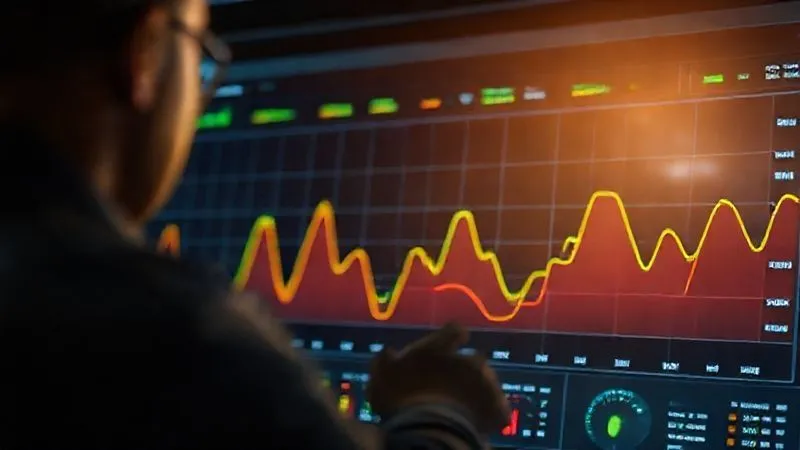 photorealistic, professional photography, 8K, cinematic lighting, sharp focus, depth of field, shot on a high-end DSLR, a sophisticated digital dashboard displaying real-time infrastructure metrics with dynamic, adaptive alert thresholds shown as fluctuating lines, green for normal, yellow for warning, red for critical, clearly illustrating intelligent anomaly detection in action.