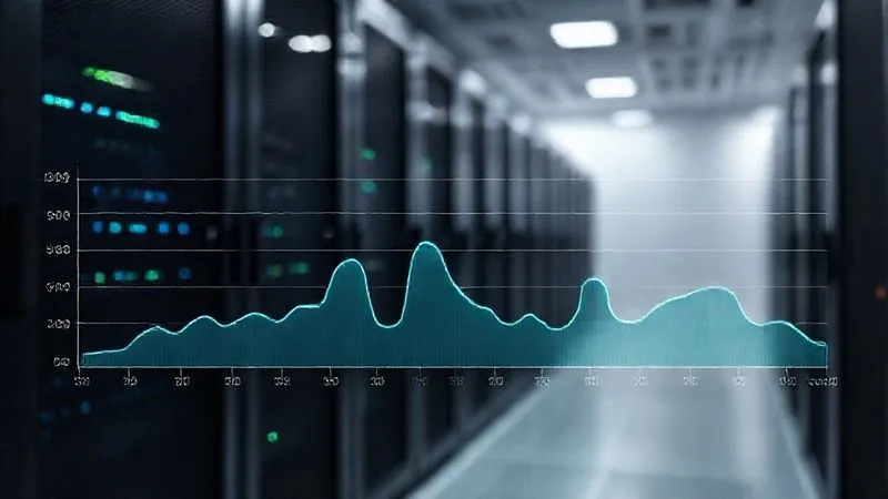 photorealistic, professional photography, 8K, cinematic lighting, sharp focus, depth of field, shot on a high-end DSLR. A detailed graph showing a server's CPU utilization over time, with a clear line indicating a threshold for scaling up or down. The graph is overlaid on a modern, minimalist server room backdrop, with soft blue and green lights indicating efficiency. The data points are sharp and precise.