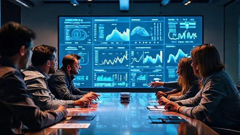 photorealistic, professional photography, 8K, cinematic lighting, sharp focus, depth of field, shot on a high-end DSLR. A diverse team of software developers and finance professionals collaboratively analyzing a large, glowing digital dashboard displaying complex cloud cost metrics and graphs. They are gathered around a modern conference table, pointing at projections, with an atmosphere of focused problem-solving and shared responsibility. The lighting is bright and professional.
