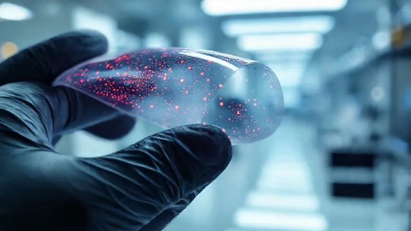 A photorealistic close-up of a highly flexible, transparent electronic film being gently bent by gloved hands, showcasing vibrant quantum dots embedded within, some appearing slightly misaligned or cracked at a microscopic level, representing integration challenges. The background is a clean, high-tech lab setting with soft, cinematic lighting. Sharp focus on the flexible film, depth of field blurring the background, 8K hyper-detailed, shot on a high-end DSLR.