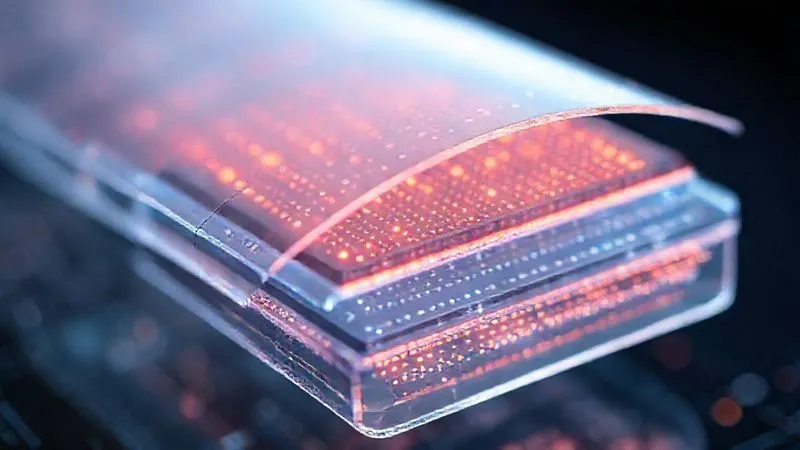 A highly detailed, cross-sectional photorealistic view of a flexible electronic device, showing layers of transparent polymer, a thin film of glowing quantum dots, and a multi-layered encapsulation system. The layers are slightly curved, indicating flexibility, with subtle stress lines visible at interfaces. Cinematic lighting highlights the intricate material structure, sharp focus on the layers, depth of field blurring the background, 8K hyper-detailed, shot on a high-end DSLR.