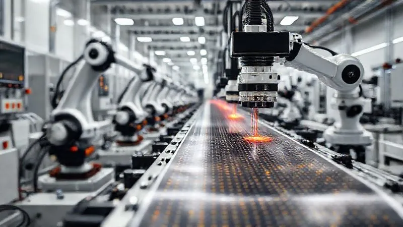 A wide shot of a futuristic, automated roll-to-roll manufacturing line in a cleanroom environment, processing flexible electronic films with quantum dot deposition. Robotic arms are visible, and precise lasers or nozzles are applying materials. The scene is brightly lit, showcasing high-tech machinery and efficiency. Sharp focus on the manufacturing line, depth of field blurring the background, 8K hyper-detailed, shot on a high-end DSLR.