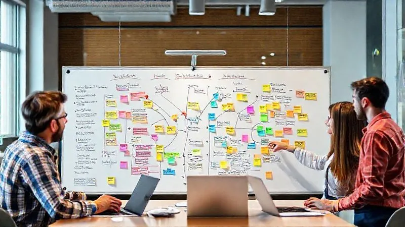 A photorealistic image of a team gathered around a large whiteboard, actively mapping out interconnected tasks and features with colorful sticky notes and strings, clearly showing lines of dependency between different sections. The team members are engaged, pointing, and discussing, with laptops open nearby. Cinematic lighting, sharp focus on the board, depth of field blurring the background, 8K hyper-detailed, professional photography. A photorealistic image of a team gathered around a large whiteboard, actively mapping out interconnected tasks and features with colorful sticky notes and strings, clearly showing lines of dependency between different sections. The team members are engaged, pointing, and discussing, with laptops open nearby. Cinematic lighting, sharp focus on the board, depth of field blurring the background, 8K hyper-detailed, professional photography.