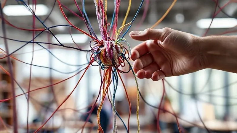 A photorealistic image of a complex network of colored threads, some tangled and knotted, others flowing smoothly. A focused hand is gently untangling a particularly stubborn knot, while another hand points to a clear, open path. The background is a softly lit, modern, collaborative workspace. Cinematic lighting, sharp focus on the hands and threads, depth of field blurring the background, 8K hyper-detailed, professional photography. A photorealistic image of a complex network of colored threads, some tangled and knotted, others flowing smoothly. A focused hand is gently untangling a particularly stubborn knot, while another hand points to a clear, open path. The background is a softly lit, modern, collaborative workspace. Cinematic lighting, sharp focus on the hands and threads, depth of field blurring the background, 8K hyper-detailed, professional photography.