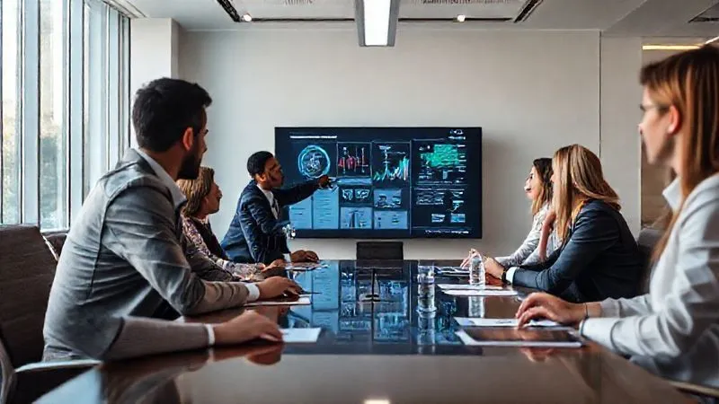 A photorealistic image of diverse business professionals in a modern, light-filled boardroom, engaged in a collaborative discussion around a table. One person is pointing to a data visualization on a large screen. professional photography, 8K, cinematic lighting, sharp focus, depth of field, shot on a high-end DSLR.