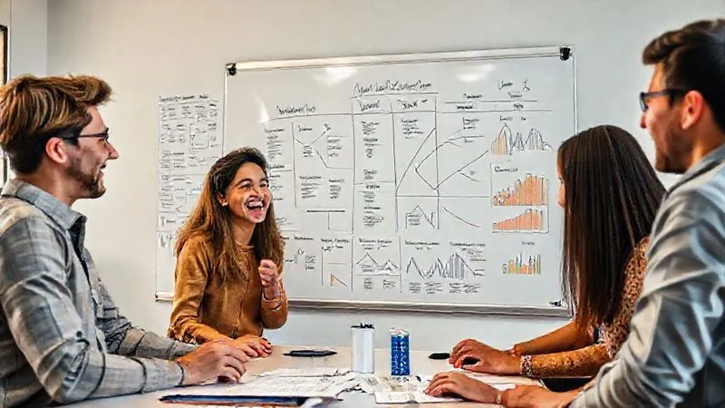 A photorealistic image of a diverse group of young entrepreneurs excitedly collaborating around a whiteboard filled with user journey maps and analytics, showing clear progress and growth metrics. professional photography, 8K, cinematic lighting, sharp focus, depth of field, shot on a high-end DSLR.