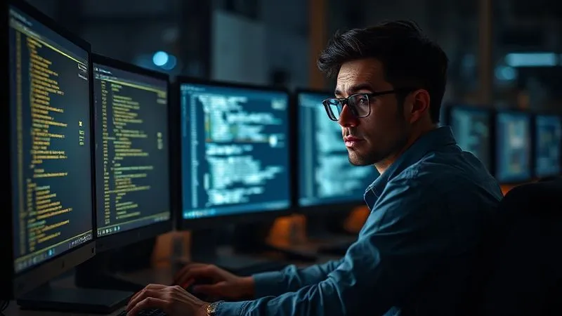 A photorealistic image of a person sitting in front of multiple computer screens late at night, looking exhausted but determined, with lines of code glowing on the monitors, cinematic lighting, sharp focus, depth of field, 8K hyper-detailed.