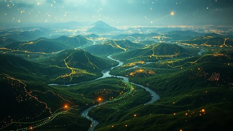 A photorealistic scene depicting a serene digital landscape where code lines flow like rivers and glowing data points form constellations, symbolizing a balanced and sustainable open source ecosystem, cinematic lighting, sharp focus, depth of field, 8K hyper-detailed.