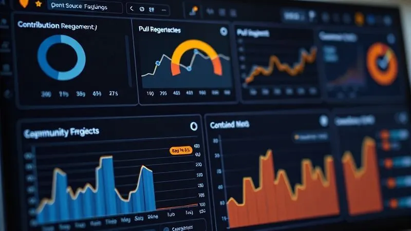 A photorealistic, highly detailed dashboard displaying various open source project metrics: contribution frequency charts, pull request review times, and community engagement graphs. The data is presented cleanly with a subtle glow, cinematic lighting, sharp focus, depth of field, 8K hyper-detailed.