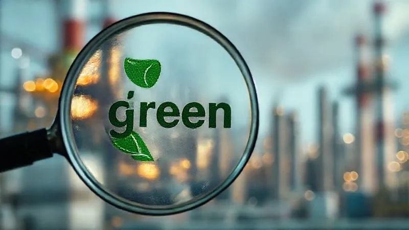 A photorealistic image showing a large magnifying glass focusing on a 'green' product label, revealing hidden, complex industrial processes and emissions in the background. The foreground is sharp, the background slightly blurred, 8K, cinematic lighting, professional photography, depth of field, conveying the idea of scrutinizing green claims. A photorealistic image showing a large magnifying glass focusing on a 'green' product label, revealing hidden, complex industrial processes and emissions in the background. The foreground is sharp, the background slightly blurred, 8K, cinematic lighting, professional photography, depth of field, conveying the idea of scrutinizing green claims.