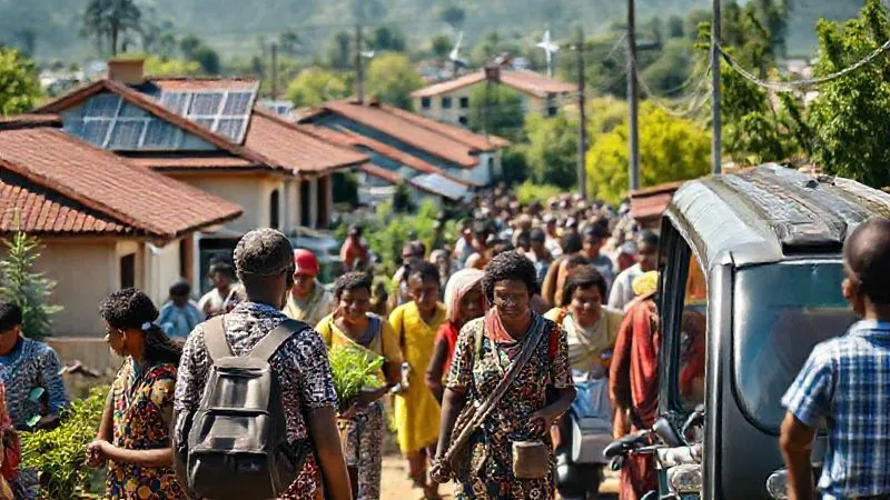 A photorealistic image depicting a bustling, diverse community interacting with sustainable infrastructure (e.g., solar panels on homes, electric public transport), with a backdrop of a healthy, vibrant natural environment. The image should convey social equity, economic opportunity, and environmental harmony, 8K, cinematic lighting, professional photography, sharp focus on human interaction, depth of field. A photorealistic image depicting a bustling, diverse community interacting with sustainable infrastructure (e.g., solar panels on homes, electric public transport), with a backdrop of a healthy, vibrant natural environment. The image should convey social equity, economic opportunity, and environmental harmony, 8K, cinematic lighting, professional photography, sharp focus on human interaction, depth of field.