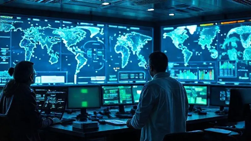 A photorealistic image of a futuristic control room with multiple holographic displays showing intricate data visualizations of global supply chains, energy flows, and environmental impact metrics. A diverse team of scientists and engineers are collaborating, pointing at predictive models. The scene is bathed in soft, analytical blue and green light, 8K, cinematic lighting, professional photography, sharp focus on the interactive displays, depth of field. A photorealistic image of a futuristic control room with multiple holographic displays showing intricate data visualizations of global supply chains, energy flows, and environmental impact metrics. A diverse team of scientists and engineers are collaborating, pointing at predictive models. The scene is bathed in soft, analytical blue and green light, 8K, cinematic lighting, professional photography, sharp focus on the interactive displays, depth of field.