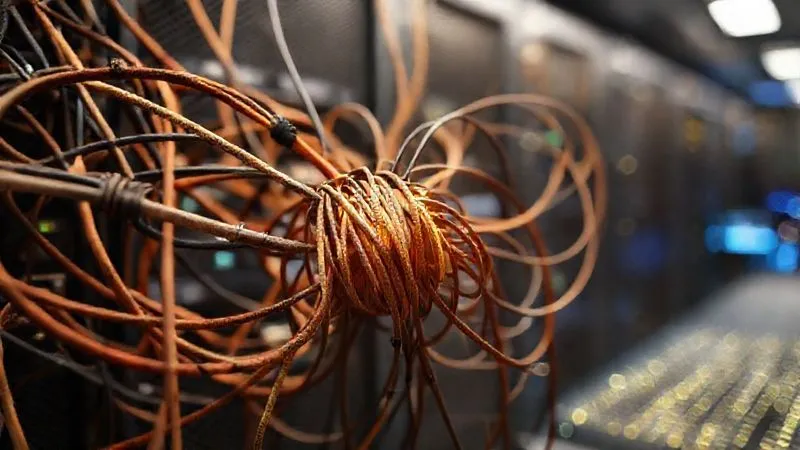 Photorealistic, professional photography, 8K, cinematic lighting, sharp focus, depth of field, shot on a high-end DSLR. A chaotic tangle of old, rusty network cables and modern, glowing fiber optics attempting to connect, symbolizing complex data incompatibility and protocol mismatch in enterprise systems. The background is a blurred mix of a classic server rack and a futuristic digital interface, emphasizing the integration challenge. Focus on the tangled connection point, creating a sense of frustration and complexity. An underlying digital grid glows faintly, hinting at blockchain. The scene conveys a sense of difficulty and the need for a solution.