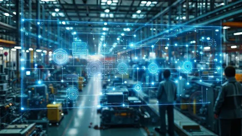 Photorealistic, professional photography, 8K, cinematic lighting, sharp focus, depth of field, shot on a high-end DSLR. A glowing, holographic digital blueprint overlaid on a bustling factory floor, showing interconnected systems and data flows. The blueprint highlights a 5-step process, with glowing lines connecting legacy machinery to transparent, futuristic blockchain nodes. The scene conveys precision, planning, and the successful execution of complex integration, with an expert figure observing from a distance, symbolizing oversight and guidance.