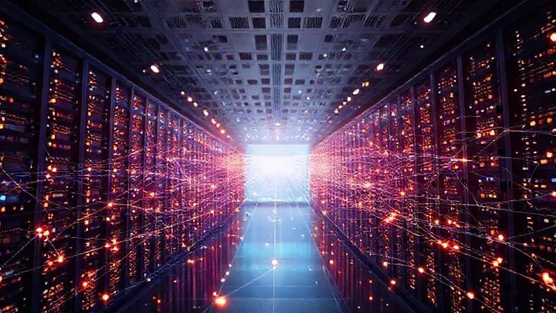 Photorealistic, professional photography, 8K, cinematic lighting, sharp focus, depth of field, shot on a high-end DSLR. A vibrant, glowing digital network of APIs and middleware acting as a central hub, elegantly connecting a sprawling, older-looking data center (representing legacy systems) to a sleek, transparent, futuristic blockchain network. The connections are smooth and flowing, symbolizing efficient data translation and secure communication. The scene is dynamic and visually illustrates seamless interoperability.