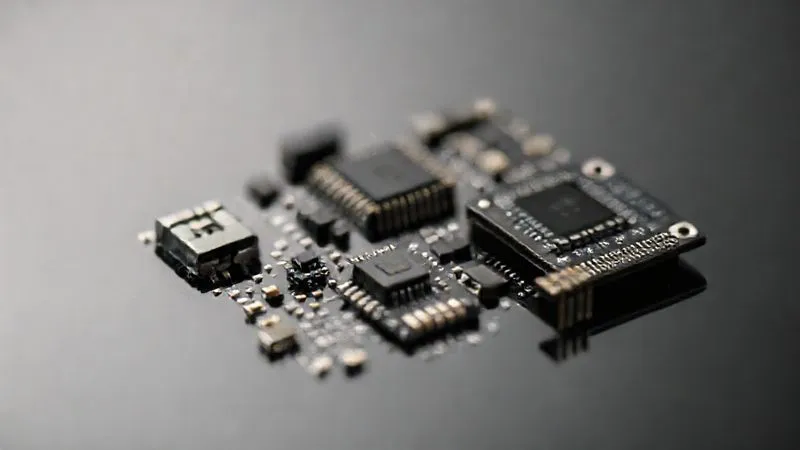 A professional, photorealistic close-up of various ultra-low power IoT hardware components arranged meticulously on a dark, reflective surface. Featured components include a tiny, sleek microcontroller, a compact MEMS sensor, and a small LPWAN radio module, all interconnected with thin traces. Cinematic lighting highlights their intricate details, sharp focus on the components, with a shallow depth of field. 8K, shot on a high-end DSLR, conveying precision and advanced engineering.