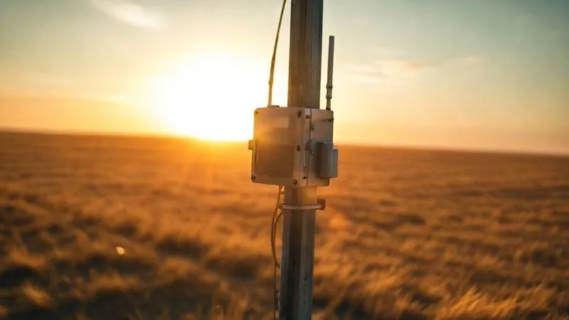 A photorealistic image of a ruggedized IoT sensor enclosure discreetly mounted on a utility pole in a remote, windswept rural landscape. The sun is setting, casting long, dramatic shadows. The sensor's antenna is clearly visible, pointing towards the horizon. The design emphasizes durability and weather resistance, with subtle elements suggesting thermal regulation. Cinematic lighting, sharp focus on the sensor, depth of field blurring the vast, empty field. 8K, shot on a high-end DSLR, conveying resilience and isolated operation.