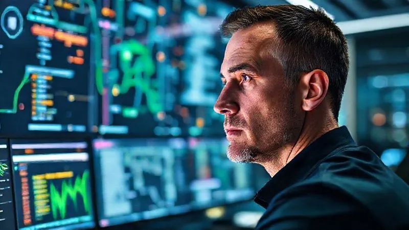 A photorealistic, professional photography, 8K, cinematic lighting, sharp focus, depth of field, shot on a high-end DSLR, depicting a glowing network of healthcare IoT devices with a digital overlay showing real-time data streams and security alerts, monitored by a cybersecurity analyst in a modern control room. The analyst's face shows focused intensity. A photorealistic, professional photography, 8K, cinematic lighting, sharp focus, depth of field, shot on a high-end DSLR, depicting a glowing network of healthcare IoT devices with a digital overlay showing real-time data streams and security alerts, monitored by a cybersecurity analyst in a modern control room. The analyst's face shows focused intensity.