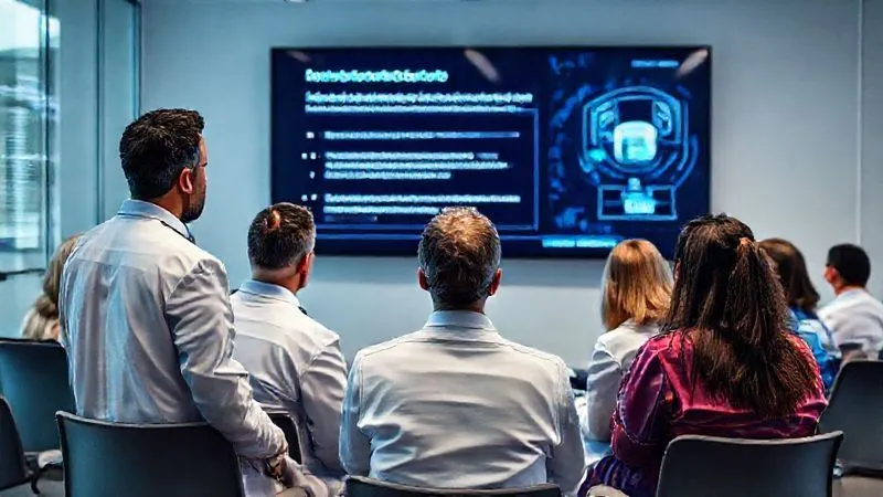 A photorealistic image of diverse healthcare professionals (doctors, nurses, IT staff) gathered in a modern training room, intently watching a presentation on a large screen displaying cybersecurity concepts and HIPAA regulations related to medical devices. Cinematic lighting, sharp focus on their engaged expressions, 8K hyper-detailed. A photorealistic image of diverse healthcare professionals (doctors, nurses, IT staff) gathered in a modern training room, intently watching a presentation on a large screen displaying cybersecurity concepts and HIPAA regulations related to medical devices. Cinematic lighting, sharp focus on their engaged expressions, 8K hyper-detailed.