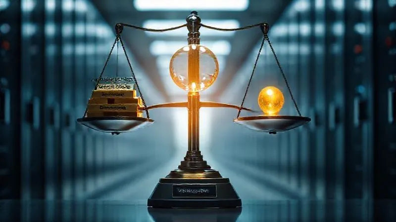 A photorealistic, professional photography of a weighing scale, with one side heavily laden with gold bars labeled 'Vendor Specific Features' and the other side holding a single, glowing, balanced orb labeled 'Open Standard Portability'. The background is a blurred, modern data center. 8K, cinematic lighting, sharp focus on the scale and labels, depth of field, shot on a high-end DSLR. A photorealistic, professional photography of a weighing scale, with one side heavily laden with gold bars labeled 'Vendor Specific Features' and the other side holding a single, glowing, balanced orb labeled 'Open Standard Portability'. The background is a blurred, modern data center. 8K, cinematic lighting, sharp focus on the scale and labels, depth of field, shot on a high-end DSLR.
