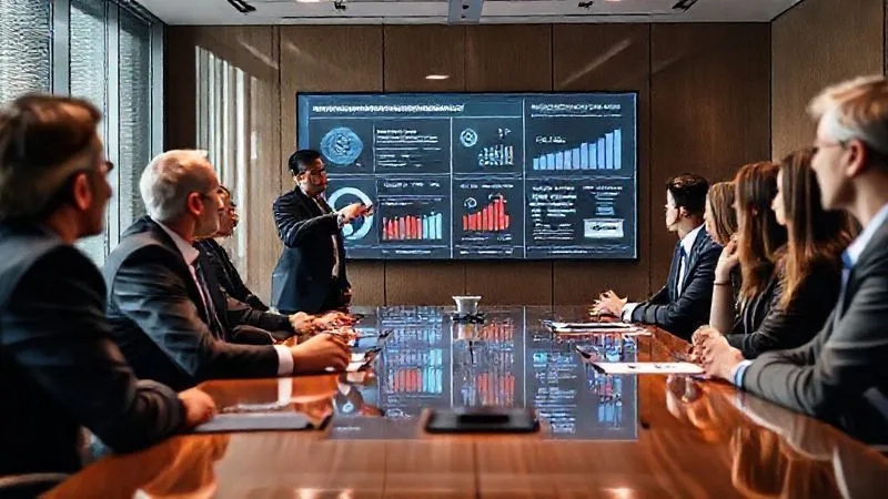 A photorealistic image of a diverse group of executives in a modern, well-lit boardroom, engaged in a strategic discussion. One executive points to a large, transparent screen displaying high-level business metrics and strategic goals. The atmosphere is serious but forward-looking. Cinematic lighting, sharp focus on the executives and screen, depth of field blurring the background, 8K hyper-detailed, professional photography, shot on a high-end DSLR.