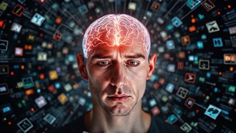 A photorealistic, professional photography, 8K, cinematic lighting, sharp focus, depth of field, shot on a high-end DSLR. A person's head, slightly transparent, showing intricate neural pathways glowing faintly, surrounded by a swirling vortex of disorganized digital icons and text from multiple mobile app screens. The person's expression is one of mild frustration or intense concentration, symbolizing cognitive overload from a complex mobile interface.