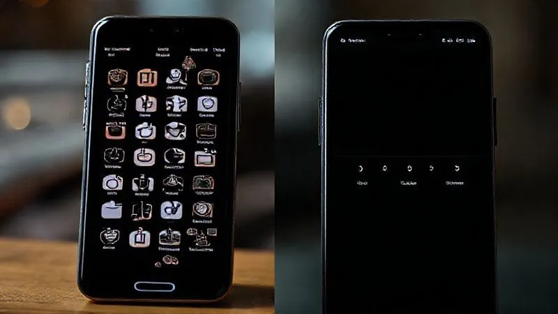 A photorealistic, professional photography, 8K, cinematic lighting, sharp focus, depth of field, shot on a high-end DSLR. On the left, a mobile phone screen displaying a chaotic navigation menu with many unorganized, unlabeled icons and overlapping text. On the right, a mobile phone screen displaying a clean, minimalist navigation bar with 3-5 clearly labeled, distinct icons, conveying ease and clarity. The contrast between complexity and simplicity is stark.