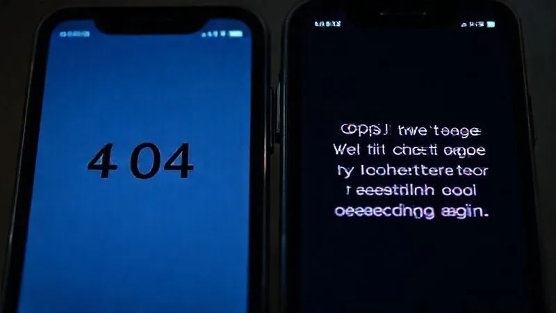 A photorealistic, professional photography, 8K, cinematic lighting, sharp focus, depth of field, shot on a high-end DSLR. Two mobile phone screens side-by-side. The left screen shows a generic, unhelpful error message like 'Error: 404'. The right screen shows a user-friendly error message like 'Oops! We couldn't find that page. Try checking your internet connection or searching again.' The right screen has a calming, reassuring glow, while the left is stark and frustrating.