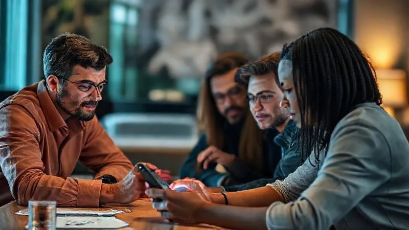 A photorealistic, professional photography, 8K, cinematic lighting, sharp focus, depth of field, shot on a high-end DSLR. A diverse group of people (3-4) sitting around a table, intently watching a user interact with a mobile phone. One person is taking notes, another is pointing at the screen, and a third is observing with a thoughtful expression. The atmosphere is collaborative and focused, symbolizing effective user testing in action.