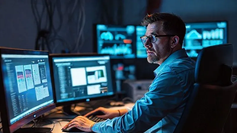 A photorealistic image of a frustrated IT administrator sitting in front of multiple computer monitors, each displaying a different, disconnected cloud management dashboard, tangled wires on the desk, casting a blue, stressful light. Professional photography, 8K, cinematic lighting, sharp focus, depth of field, shot on a high-end DSLR. A photorealistic image of a frustrated IT administrator sitting in front of multiple computer monitors, each displaying a different, disconnected cloud management dashboard, tangled wires on the desk, casting a blue, stressful light. Professional photography, 8K, cinematic lighting, sharp focus, depth of field, shot on a high-end DSLR.