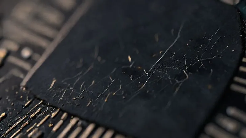 A close-up, photorealistic macro shot of a microchip surface showing subtle signs of wear and tear, with tiny fissures and oxidation, illuminated by a soft, analytical light. Professional photography, 8K, cinematic lighting, sharp focus, depth of field, shot on a high-end DSLR. A close-up, photorealistic macro shot of a microchip surface showing subtle signs of wear and tear, with tiny fissures and oxidation, illuminated by a soft, analytical light. Professional photography, 8K, cinematic lighting, sharp focus, depth of field, shot on a high-end DSLR.