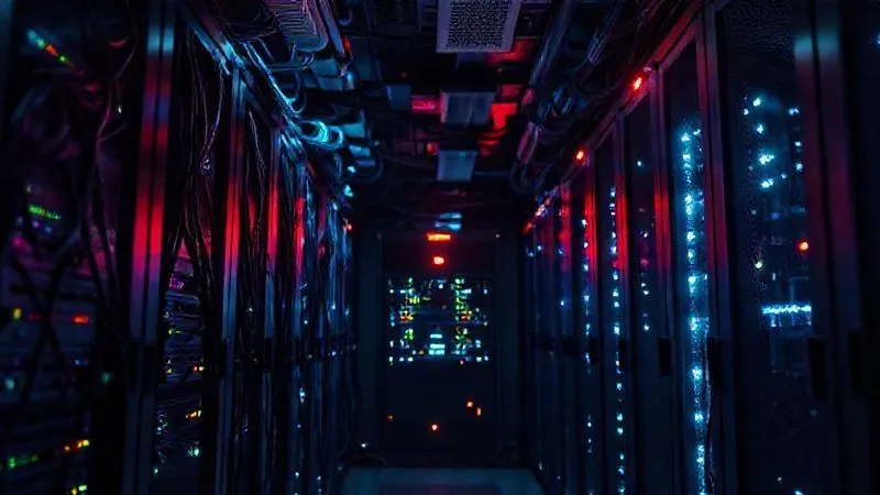 A complex network server room with flashing lights and a single red alert indicator, photorealistic, professional photography, 8K, cinematic lighting, sharp focus, depth of field, shot on a high-end DSLR. A complex network server room with flashing lights and a single red alert indicator, photorealistic, professional photography, 8K, cinematic lighting, sharp focus, depth of field, shot on a high-end DSLR.