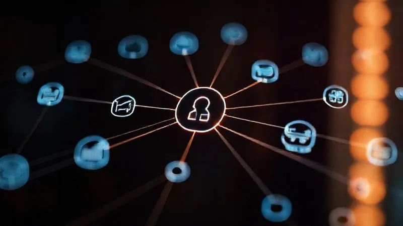A photorealistic, professional photography, 8K, cinematic lighting, sharp focus, depth of field, shot on a high-end DSLR. A network of glowing digital lines connecting various icons representing different software services (CRM, analytics, e-commerce, content management), all converging towards a central, slightly larger icon, symbolizing seamless API integration and extended capabilities.