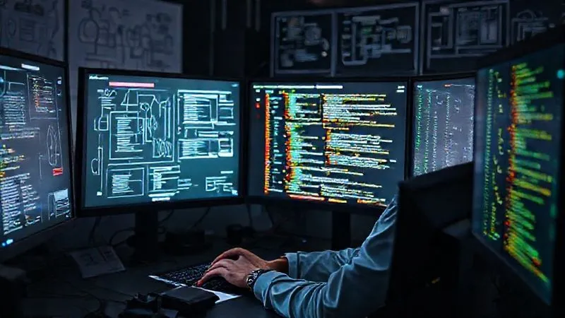 A photorealistic, professional photography, 8K, cinematic lighting, sharp focus, depth of field, shot on a high-end DSLR. A skilled software engineer coding on multiple monitors, surrounded by complex diagrams and flowcharts, with lines of code glowing subtly on the screens, representing the intricate process of building custom functionality with frameworks and APIs. The atmosphere is focused and innovative.