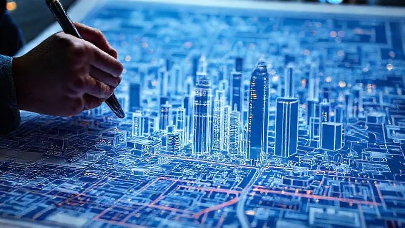 A photorealistic, professional photography, 8K, cinematic lighting, sharp focus, depth of field, shot on a high-end DSLR. A blueprint of a complex, futuristic city being meticulously drawn by a skilled architect, with glowing lines and detailed schematics, representing the intricate planning and bespoke creation of a full custom web solution. The atmosphere is one of precision, vision, and comprehensive design.