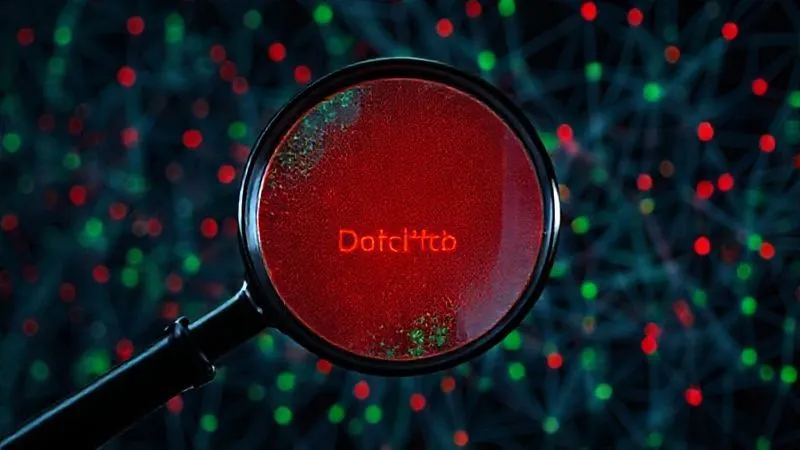 A photorealistic, professional photography, 8K, cinematic lighting, sharp focus, depth of field, shot on a high-end DSLR, showing a complex neural network diagram with sections highlighted in red and green, representing areas of data drift and concept drift. A magnifying glass is hovering over a red section, emphasizing the degradation.