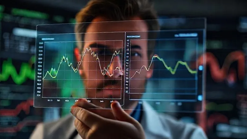 A photorealistic, professional photography, 8K, cinematic lighting, sharp focus, depth of field, shot on a high-end DSLR, showing a data scientist intensely analyzing two overlaid line graphs on a holographic display, one representing historical data distribution and the other showing current production data, with a clear divergence point indicating drift. The background shows complex data visualizations.