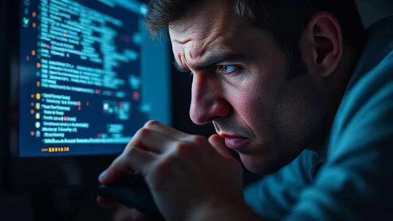 A photorealistic close-up of a person's frustrated face, furrowing their brow and looking intently at a dimly lit computer screen. The screen reflects a confusing web application interface with many small, unlabelled icons and a blinking cursor in an input field. The person's hand is paused on the mouse, conveying a sense of being stuck. Professional photography, 8K, cinematic lighting, sharp focus on the face and screen, depth of field blurring the background, shot on a high-end DSLR. A photorealistic close-up of a person's frustrated face, furrowing their brow and looking intently at a dimly lit computer screen. The screen reflects a confusing web application interface with many small, unlabelled icons and a blinking cursor in an input field. The person's hand is paused on the mouse, conveying a sense of being stuck. Professional photography, 8K, cinematic lighting, sharp focus on the face and screen, depth of field blurring the background, shot on a high-end DSLR.