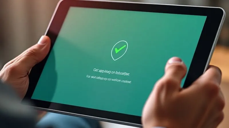 A photorealistic close-up of a tablet screen showing a web application onboarding flow. A user has just successfully completed a step, and a subtle, elegant green checkmark animation appears with a soft glow, accompanied by a brief, positive confirmation message. The background is slightly blurred, emphasizing the interaction. Professional photography, 8K, cinematic lighting, sharp focus on the screen and animation, depth of field blurring the hands holding the tablet, shot on a high-end DSLR. A photorealistic close-up of a tablet screen showing a web application onboarding flow. A user has just successfully completed a step, and a subtle, elegant green checkmark animation appears with a soft glow, accompanied by a brief, positive confirmation message. The background is slightly blurred, emphasizing the interaction. Professional photography, 8K, cinematic lighting, sharp focus on the screen and animation, depth of field blurring the hands holding the tablet, shot on a high-end DSLR.
