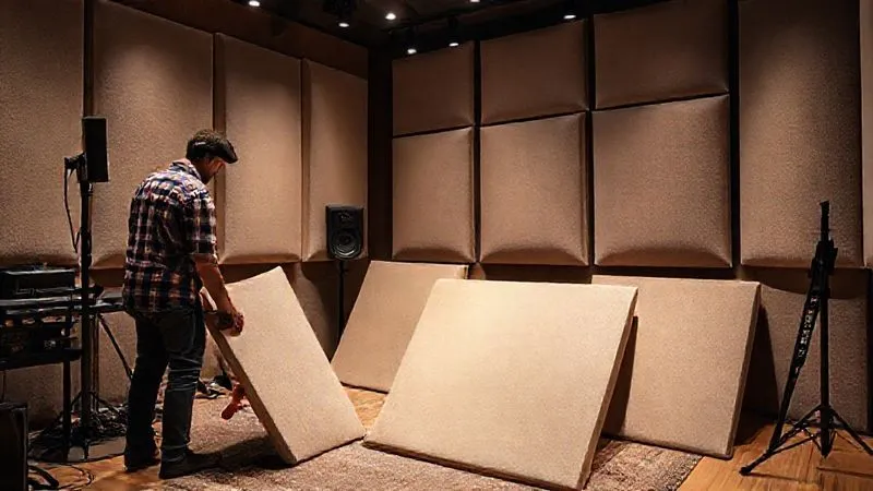A photorealistic image of a sound engineer meticulously placing acoustic panels in a studio, demonstrating proper room treatment. Cinematic lighting, sharp focus on the panels and tools, 8K, shot on a high-end DSLR. A photorealistic image of a sound engineer meticulously placing acoustic panels in a studio, demonstrating proper room treatment. Cinematic lighting, sharp focus on the panels and tools, 8K, shot on a high-end DSLR.