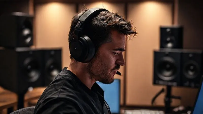 A photorealistic shot of a professional audio engineer switching between high-end studio headphones and studio monitors, demonstrating a critical listening setup. Cinematic lighting, sharp focus, 8K, shot on a high-end DSLR. A photorealistic shot of a professional audio engineer switching between high-end studio headphones and studio monitors, demonstrating a critical listening setup. Cinematic lighting, sharp focus, 8K, shot on a high-end DSLR.