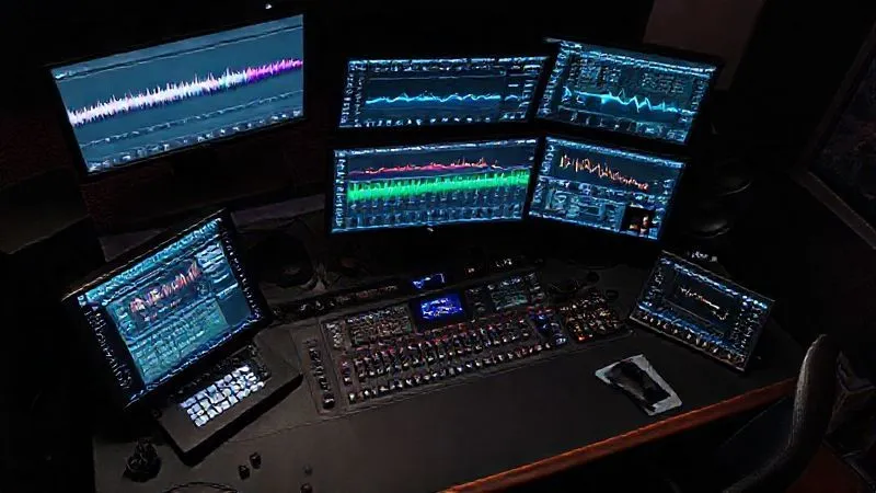A photorealistic overhead shot of an audio engineer's desk, showcasing a multi-screen setup with a DAW, spectrum analyzer, and various plugins open, symbolizing a comprehensive mixing workflow. Cinematic lighting, sharp focus on the screens and control surface, 8K, shot on a high-end DSLR. A photorealistic overhead shot of an audio engineer's desk, showcasing a multi-screen setup with a DAW, spectrum analyzer, and various plugins open, symbolizing a comprehensive mixing workflow. Cinematic lighting, sharp focus on the screens and control surface, 8K, shot on a high-end DSLR.