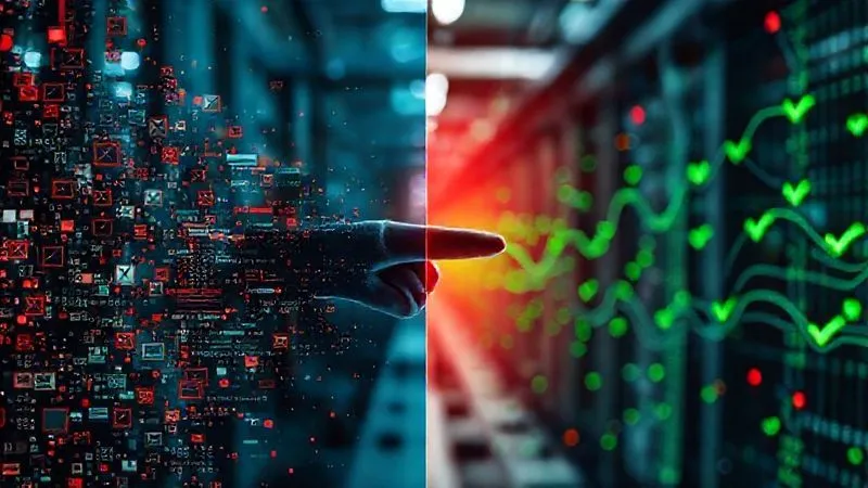 photorealistic, professional photography, 8K, cinematic lighting, sharp focus, depth of field, shot on a high-end DSLR. A split image showing two industrial data streams: one chaotic, noisy, and fragmented with red error icons, the other clean, ordered, and flowing smoothly with green checkmarks. A hand points from the noisy stream to the clean one, symbolizing transformation. photorealistic, professional photography, 8K, cinematic lighting, sharp focus, depth of field, shot on a high-end DSLR. A split image showing two industrial data streams: one chaotic, noisy, and fragmented with red error icons, the other clean, ordered, and flowing smoothly with green checkmarks. A hand points from the noisy stream to the clean one, symbolizing transformation.