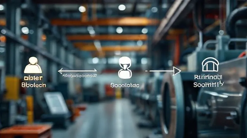 photorealistic, professional photography, 8K, cinematic lighting, sharp focus, depth of field, shot on a high-end DSLR. A stylized diagram in an industrial setting, showing a clear, linear flow from a glowing 'Predictive Alert' icon, through 'Automated Work Order Generation', to 'Technician Action on Tablet', and finally to a 'Machine Running Smoothly' icon. Arrows indicate a smooth, rapid progression. photorealistic, professional photography, 8K, cinematic lighting, sharp focus, depth of field, shot on a high-end DSLR. A stylized diagram in an industrial setting, showing a clear, linear flow from a glowing 'Predictive Alert' icon, through 'Automated Work Order Generation', to 'Technician Action on Tablet', and finally to a 'Machine Running Smoothly' icon. Arrows indicate a smooth, rapid progression.